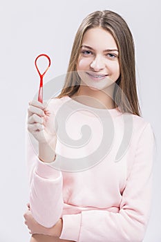 Dental Health Concepts. Caucasian Teenage Girl with Correcting Teeth Braces