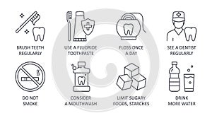 Dental health icons. 8 tips healthy teeth editable stroke. Brush teeth regularly fluoride toothpaste floss once a day see a