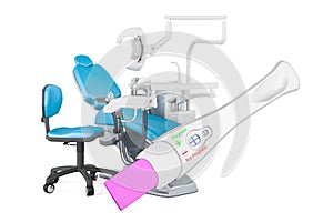 Dental health during pregnancy. Pregnancy test positive with dental chair, 3D rendering