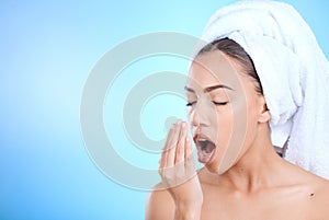 Dental hygiene, beauty or woman breathe to test for morning bad breath, halitosis bacteria smell or clean mouth mock up