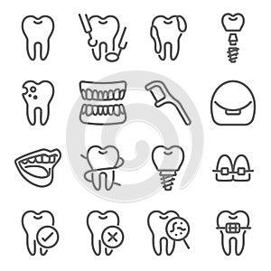 Dental icon illustration vector set. Contains such icons as Orthodontic, dental floss, bracket, instrument, tooth, screw, teeth, I