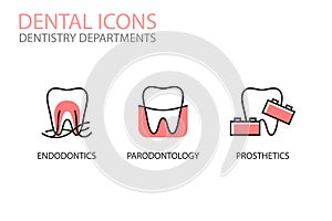 Dental icons. Endodontics, parodontology, prosthetics isolated on white.