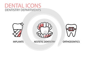 Dental icons. Implants, aesthetic dentistry and orthodontics, isolated on white.