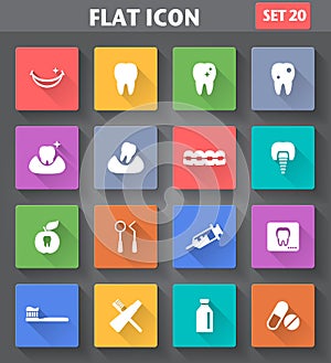 Dental Icons set in flat style with long shadows.