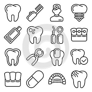 Dental Icons Set on White Background. Line Style Vector