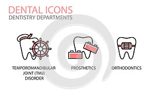 Dental icons. Temporomandibular joint TMJ disorder, prosthetics, orthodontics isolated on white.