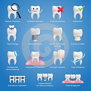 Dental icons vector set with different elements for various website services - dentistry, restorative, implants, porcelain veneers