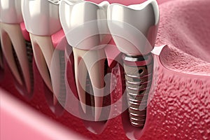 Dental implant fitting illustration on human mouth model, showcasing precision and technique