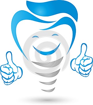 Dental implant with hands and smile, dentist logo