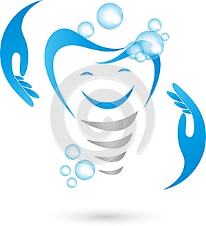 Dental implant with smile and hands, dentist and dental care logo