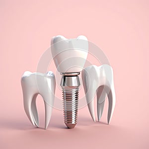 Dental implants, Dental crown 3D model close-up and two Molar teeth.