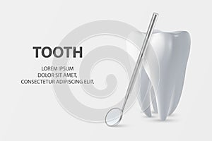 Dental Inspection Banner, Plackard. Vector 3d Realistic Dentist Mirror for Teeth with Tooth Icon Closeup on White