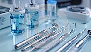 Dental instruments on table in blue liquid solution