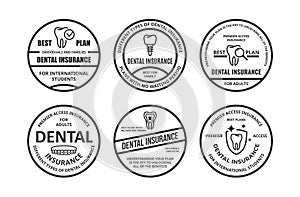 Dental insurance rounded monochrome stamp set vector illustration stomatology medical treatment