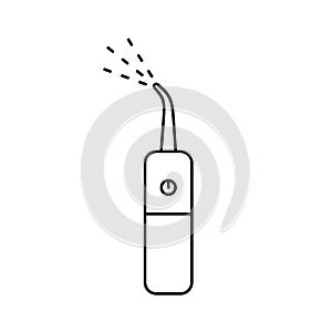 Dental irrigator icon. Line art logo of electric device for home use with water stream. Black simple illustration of oral care,