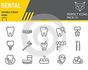 Dental line icon set, dentistry collection, vector sketches, logo illustrations, orthodontics icons, stomatology clinic