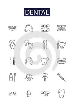 Dental line vector icons and signs. Cavity, Brushing, Flossing, Orthodontic, Crowns, Tartar, Vennering, Hygiene outline