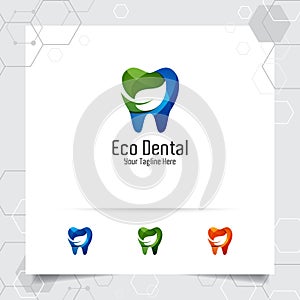 Dental logo vector design with concept of natural green. Dental care and dentist icon for hospital, doctor and dental clinic