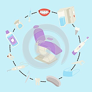 Dental medical care tools and equipment vector illustration. Teeth dental care for mouth health set with inspection