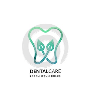 Dental medical clinic logo sign, emblem design template. Human tooth with green leaves, vector icon. Concept for dentist