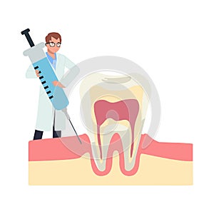 Dental medical concept. male Dentist numbed the tooth by dental injection. Flat cartoon Vector illustration