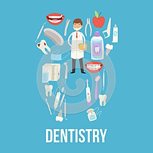 Dental medical healthcare tools vector illustration. Teeth dental care for mouth health set with inspection dentist