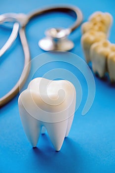 Dental model and dental equipment on blue background