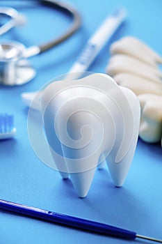 Dental model and dental equipment on blue background