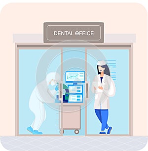 Dental office building, doctor working with tools and microscope in medical stomatology clinic