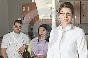 A dental office with employee and client