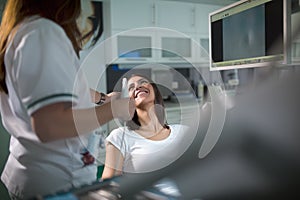 Dental office-specialist tools. Dental care and dental hygiene check up. Dentist examines teeth of the patient