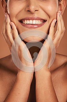 Dental, oral care and closeup of woman teeth with whitening, hygiene and health in a studio. Happy, smile and girl model