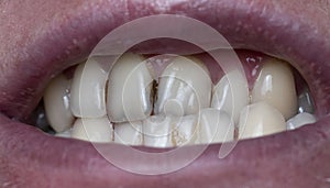 Dental plaque on man`s teeth caused by coffee residual