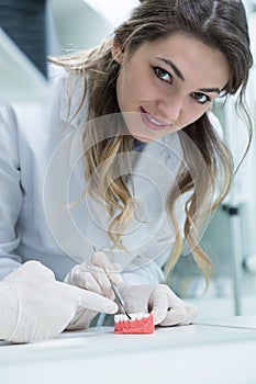 Dental prosthesis, dentures, prosthetics work. Prosthetics hands while working on the denture, false teeth, a study and a table wi