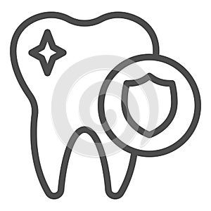 Dental protection line icon. Healthy tooth and shield, oral hygiene symbol, outline style pictogram on white background