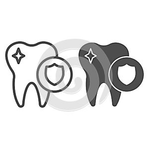 Dental protection line and solid icon. Healthy tooth and shield, oral hygiene symbol, outline style pictogram on white