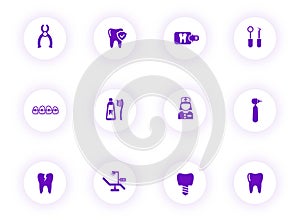 dental purple color vector icons on light round buttons
