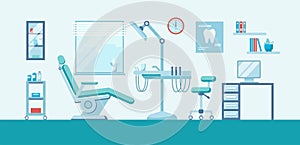 Dental room interior with dentist chair, lamp and drilling machine vector illustration. Hospital interior with dentist workplace.