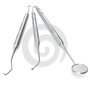 Dental set, mirror, probe, isolated on white background. 3D rendering