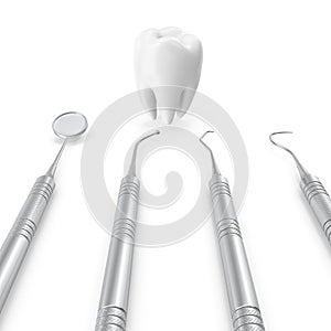 Dental set, mirror, probe, with tooth, concept care isolated on white background, 3D rendering