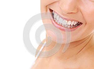 Dental, smile and woman in studio for oral care, hygiene and fresh breath treatment closeup on white background. Teeth