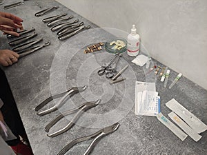 Dental surgical instruments on a table