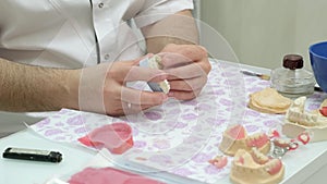 Dental technician examining plaster cast of jaws while making denture in lab