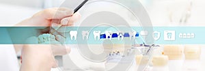 Dental technician hands working, teeth icons and symbols, web ba