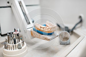 Dental technician working place at the laboratory