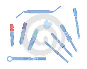 Dental tools for dental implants. Medical metal and titanium. Vector illustration, in a flat style. Poster to the clinic