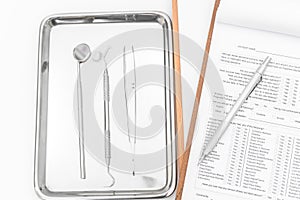 Dental tools, equipment and dental chart on white background