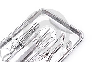 Dental tools and equipment on white background