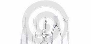 Dental tools and equipment on white background