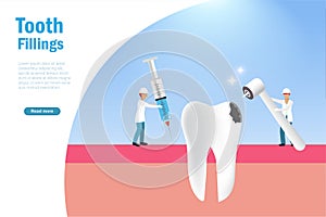 Dental tooth fillings, oral medicle health care Dentists injecting anaesthetic, drilling decay tooth to fill patient dent Dental